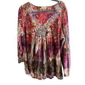 One World size 1X red print velour lace v neck long sleeve top
